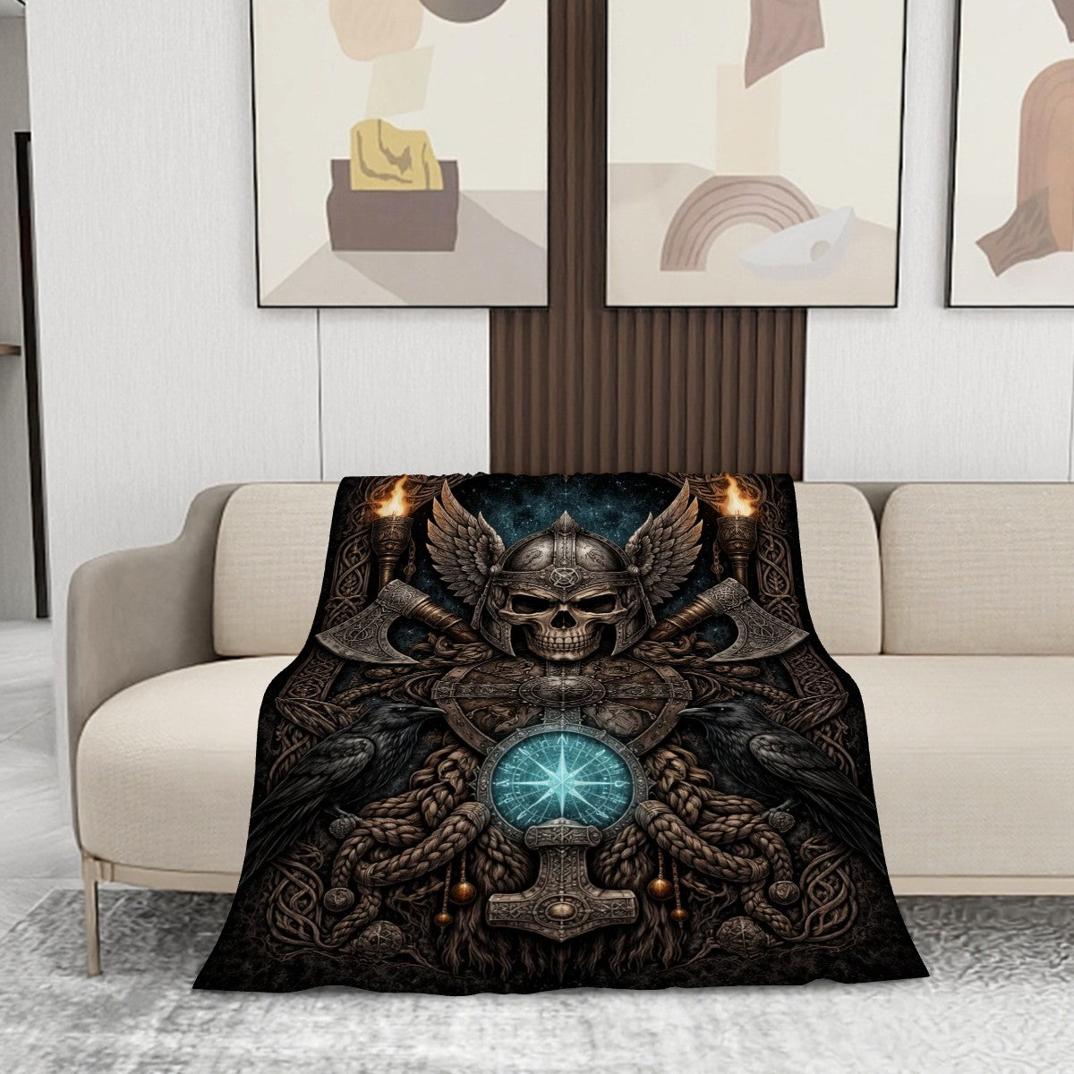 Gothicbro Keltische Flanelldecke Walhalla-Wächter mit nordischen Kriegerschädel und Thorshammer