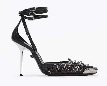 Punkgräfin Mesh Stiletto Sandalen – Punk High Heels mit Metallringen