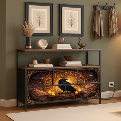 Gothic TV Sideboard im keltischen Wikinger Stil mit Raben & Runen - Kommode mit USB und Steckdosen
