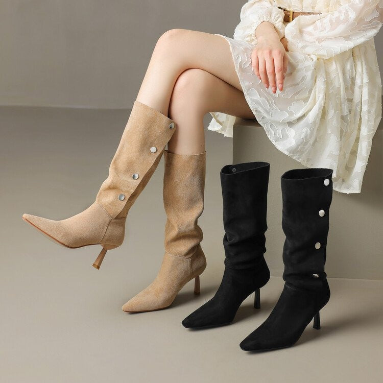 Punkgräfin Kniehohe Wildleder Boots – Gothic High Heel Damen Stiefel
