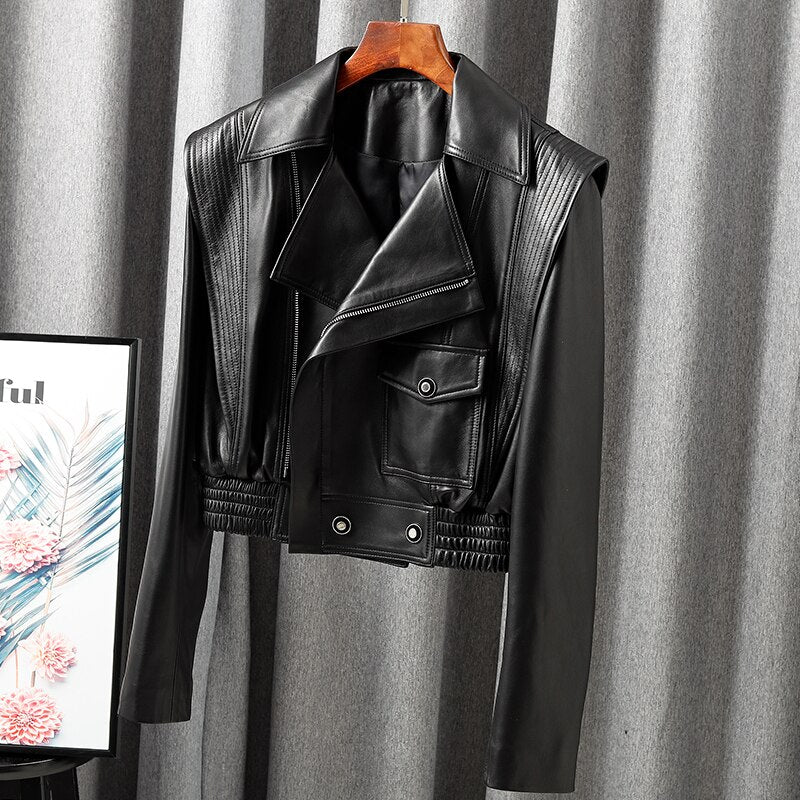 Muschibitch Cropped Leather Moto Biker Jacket – Genuine Sheepskin