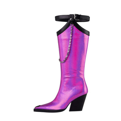 Punkgräfin Pink Metallic Cowboy Boots – Punk Designer Kniehohe Stiefel mit Kette