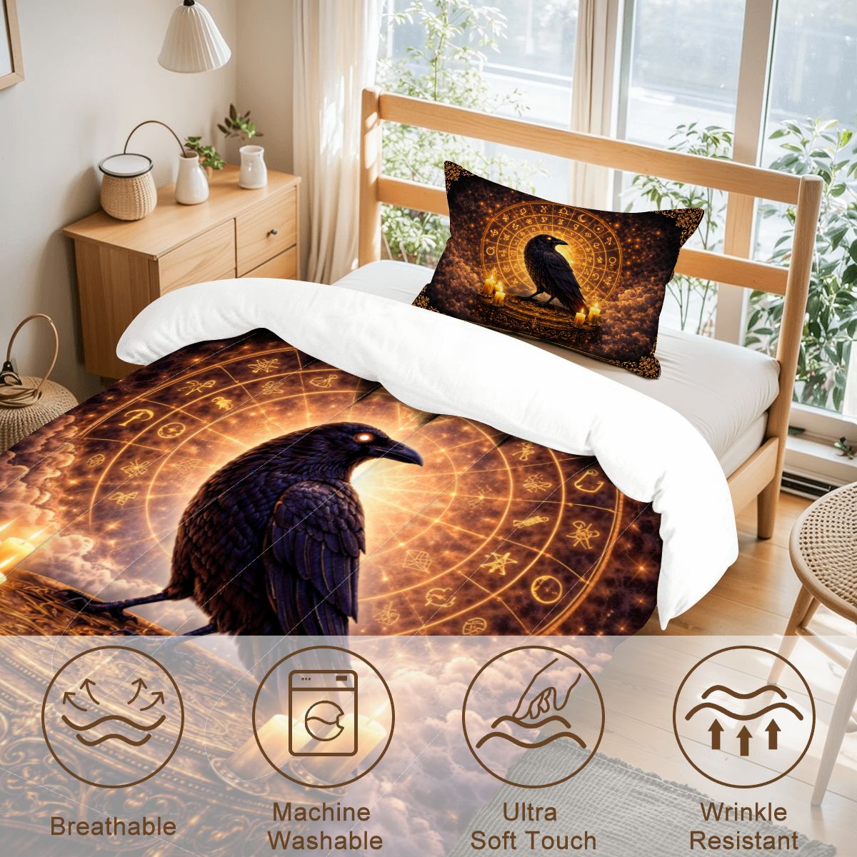 Gothic Bettwäsche mit Rabe, Tierkreis & Kerzenlicht, mystisches okkultes Twin Comforter Set