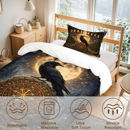 Gothic Bettwäsche mit Rabe auf Wikinger Runenstein, mystisches Comforter Set