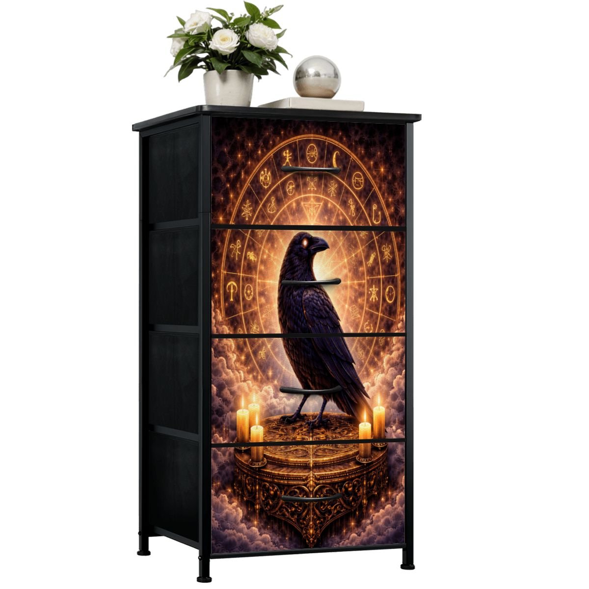 Gothic Kommode Schrank mit Raben auf keltischen Altar und Runen, 4 Schubladen Möbel Dark Aesthetic Stil