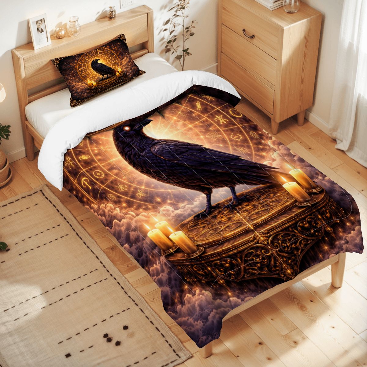 Gothic Bettwäsche mit Rabe, Tierkreis & Kerzenlicht, mystisches okkultes Twin Comforter Set