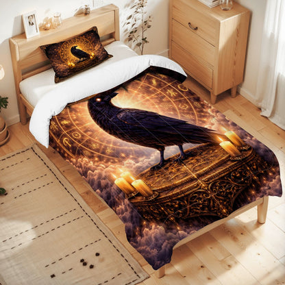 Gothic Bettwäsche mit Rabe, Tierkreis & Kerzenlicht, mystisches okkultes Twin Comforter Set