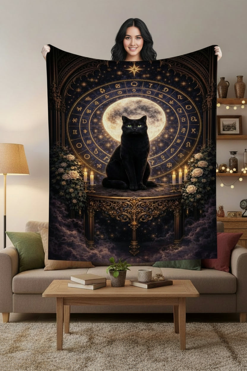 Gothicbro Kuscheldecke „Black Moon Familiar“ – Mystische Flanelldecke im Gothic-Stil