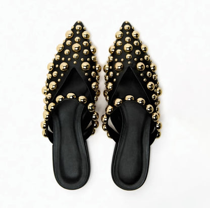 Punkgräfin Nieten Mules – Punk Designer Flats mit Gold Studs