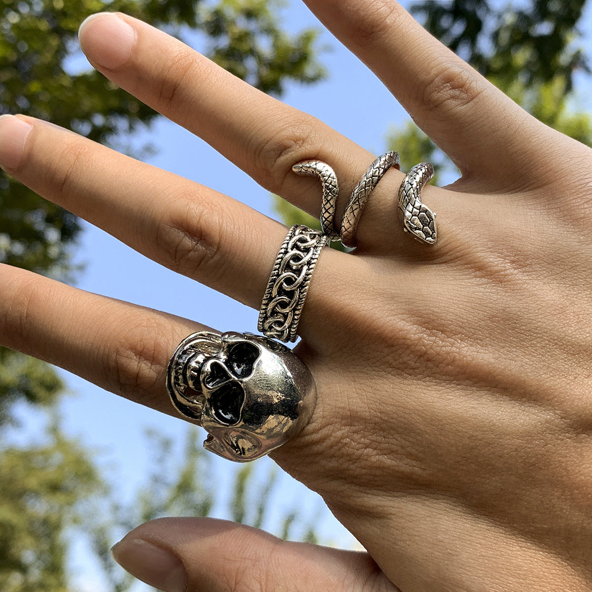 Totenkopf & Schlangen Ring Set – Punk Skull Snake Retro Ring Set Silber