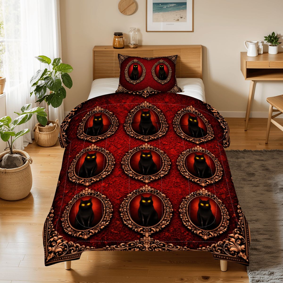 Gothic Bettwäsche rot, schwarze Katze, Twin Comforter Set Dark Aesthetic, Gothicbro Bettdecke mit Kissenbezug
