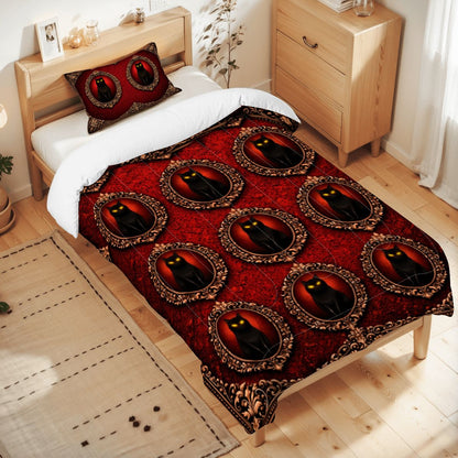 Gothic Bettwäsche rot, schwarze Katze, Twin Comforter Set Dark Aesthetic, Gothicbro Bettdecke mit Kissenbezug
