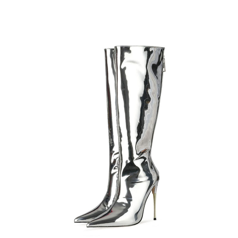 Punkgräfin Metallic Stiletto Glam Boots – High Heel Knie Stiefel Damen