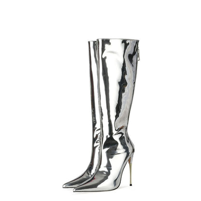 Punkgräfin Metallic Stiletto Glam Boots – High Heel Knie Stiefel Damen