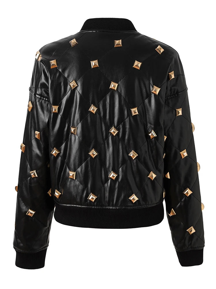 Muschibitch Nieten Leder Bomberjacke – Black Studded Faux Leather Jacket