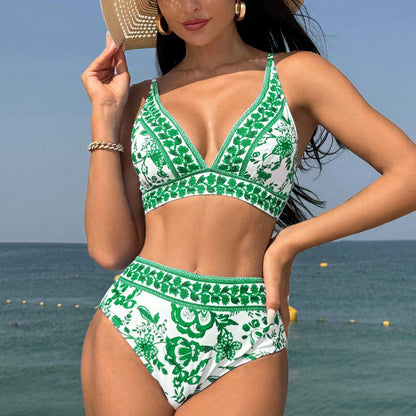 Muschibitch High Waist Print Bikini, sexy Zweiteiler mit V-Ausschnitt Beach Club