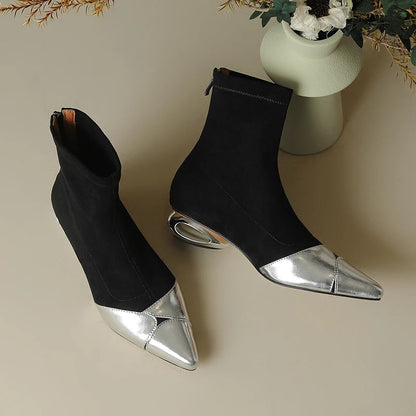 Punkgräfin Sock Boots Damen Schwarz Gold / Silber – Designer Ankle Boots mit Metallic Spitze