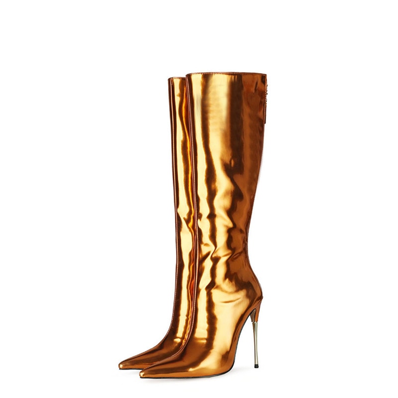 Punkgräfin Metallic Stiletto Glam Boots – High Heel Knie Stiefel Damen