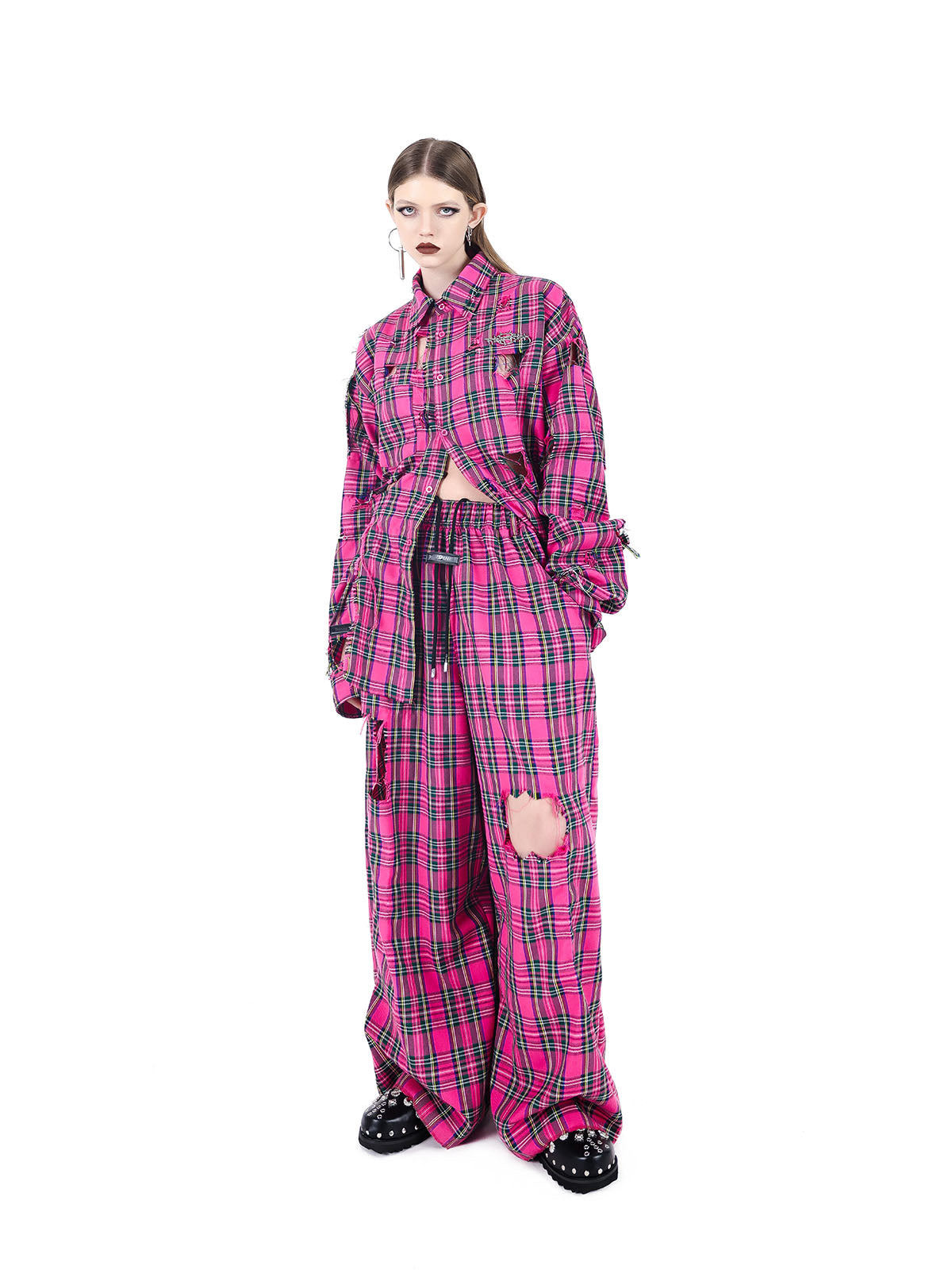 Punkgräfin Pink Punk Rock Set – Destroyed Checkered Shirt & Pants