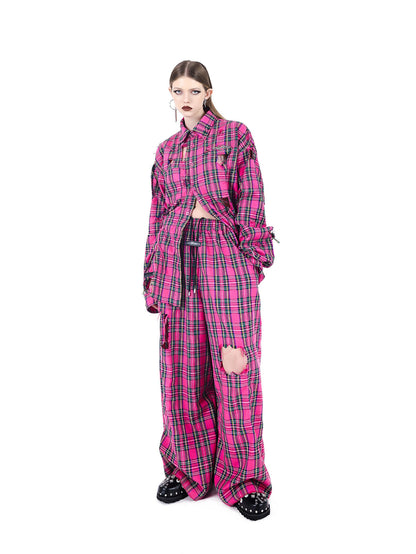 Punkgräfin Pink Punk Rock Set – Destroyed Checkered Shirt & Pants