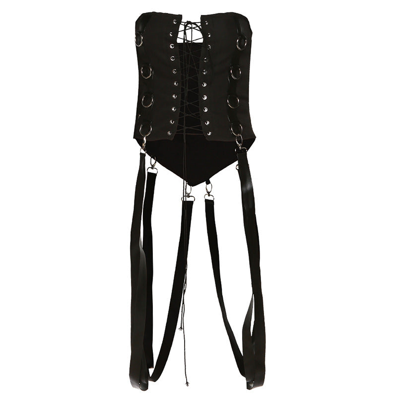Muschibitch Corsage Gothic Set, sexy 3 Teiler - Crop Jacke mit Harness Look