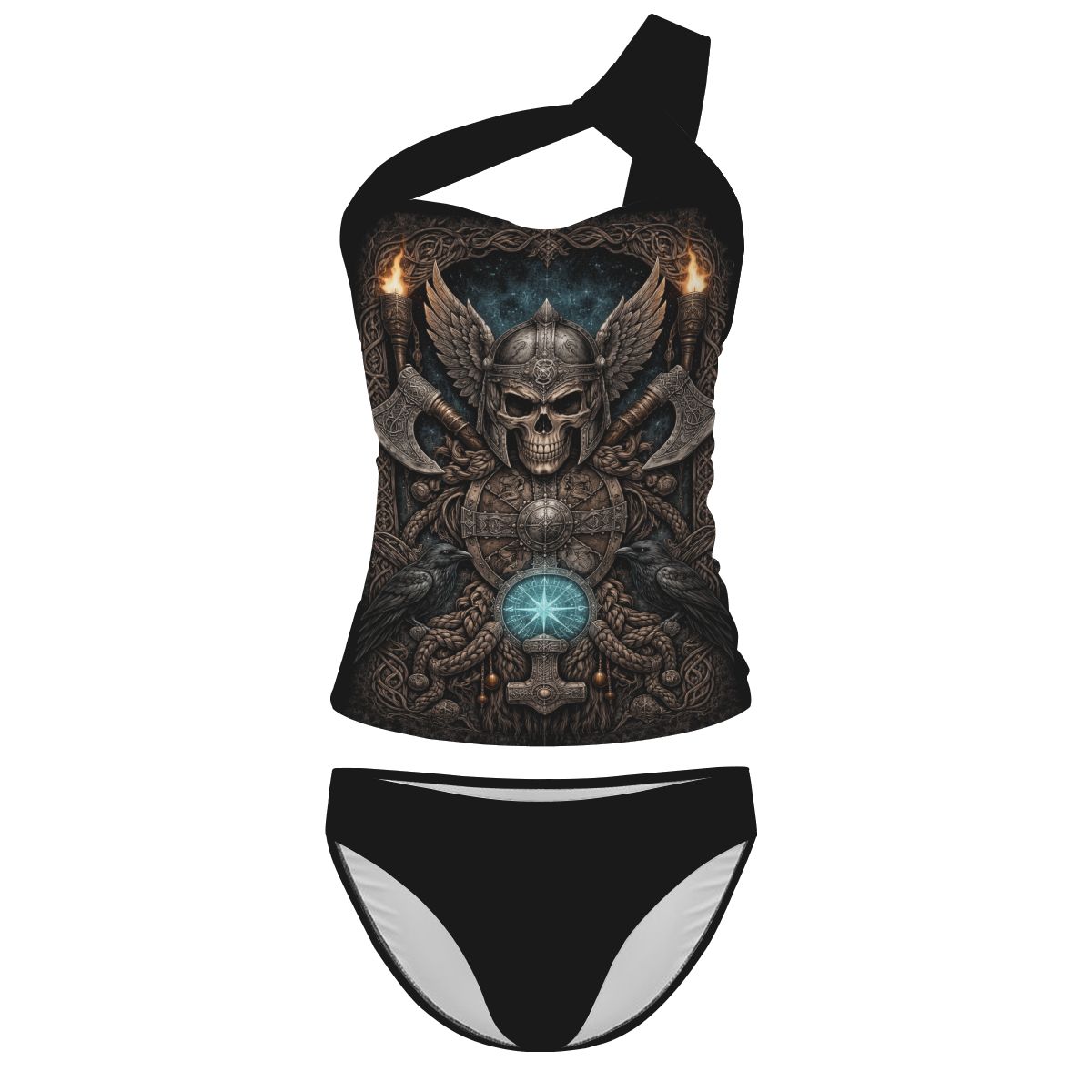 Gothic Bikini Damen, One Shoulder Bikini Schwarz, Gothicbro Zweiteiler mit Wikinger Totenkopf Motiv