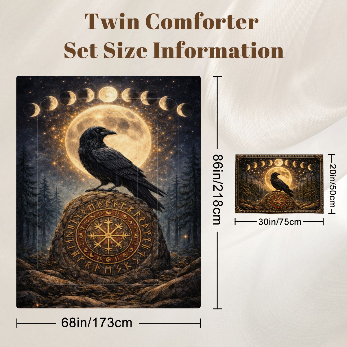 Gothic Bettwäsche mit Rabe auf Wikinger Runenstein, mystisches Comforter Set