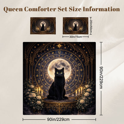 Gothic Queen Bettwäsche 3-teilig schwarze Katze, Queen Comforter Set mit Mond und Symbolkreis