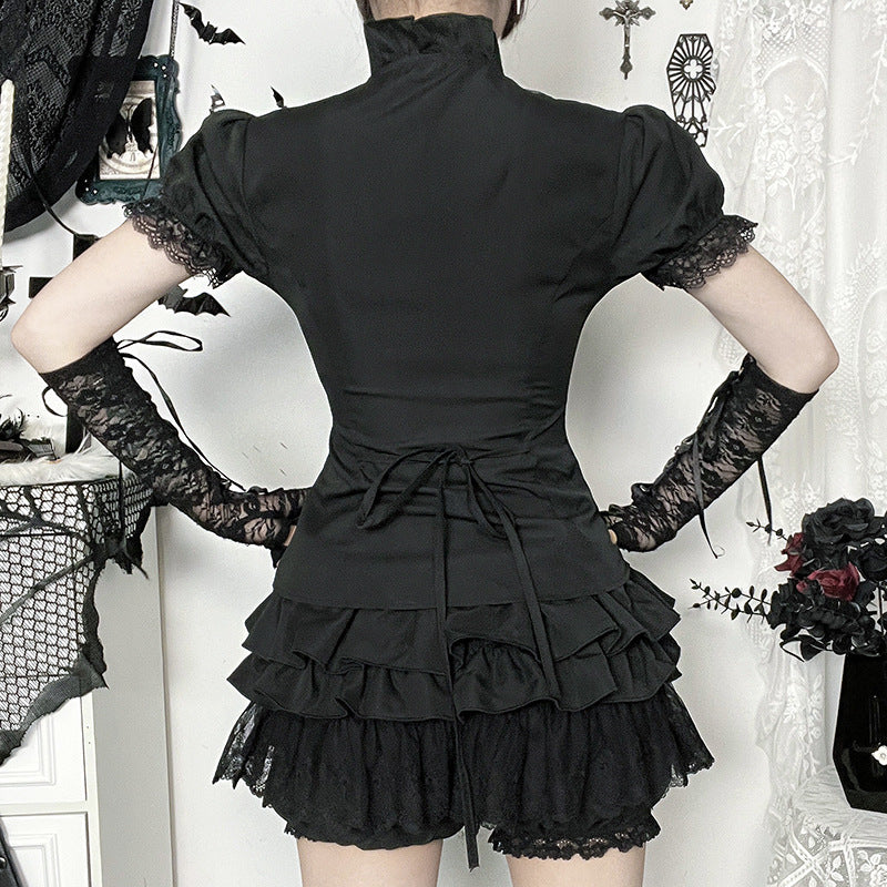 Gothicbro Dark Gothic Bluse Viktorianische Spitzenbluse Stehkragen und Rüschen