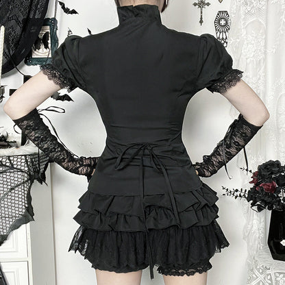 Gothicbro Dark Gothic Bluse Viktorianische Spitzenbluse Stehkragen und Rüschen