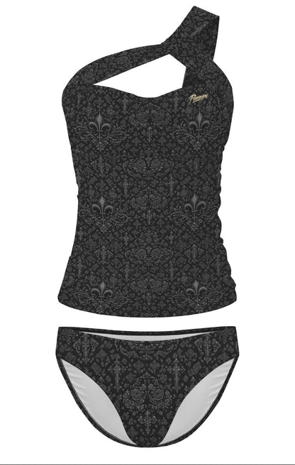 Punkgräfin Gothic Elegance – Asymmetrischer Tankini mit Rücken-Schnürprint von Punkgräfin