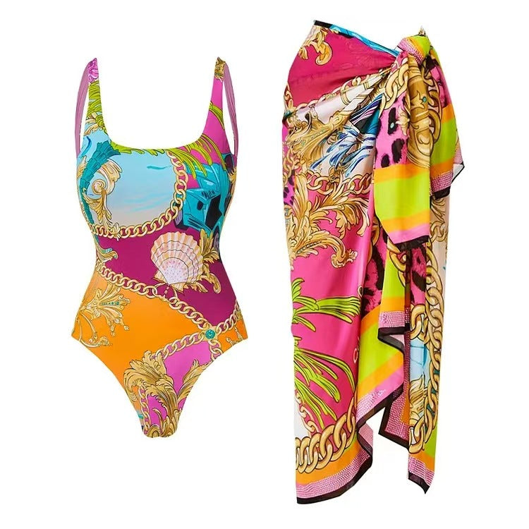 Muschibitch Mediterraner Badeanzug Set Damen mit Pareo Print Beachwear