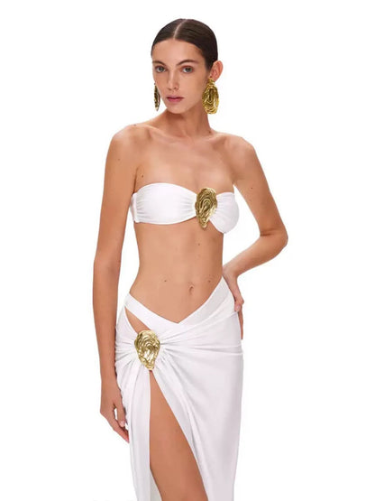 Muschibitch Bikini Set Damen 3-teilig Weiß Champagner mit Strandrock