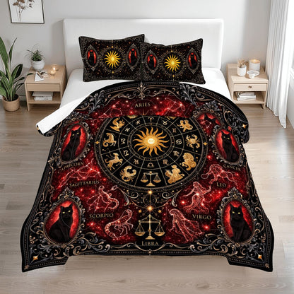 Gothic Zodiak Bettwäsche Queen 3-teilig Rot mit Astrologie Sternzeichen, schwarze Katzen in viktorianischen Stil