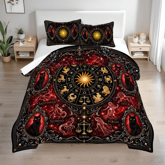 Gothic Zodiak Bettwäsche Queen 3-teilig Rot mit Astrologie Sternzeichen, schwarze Katzen in viktorianischen Stil