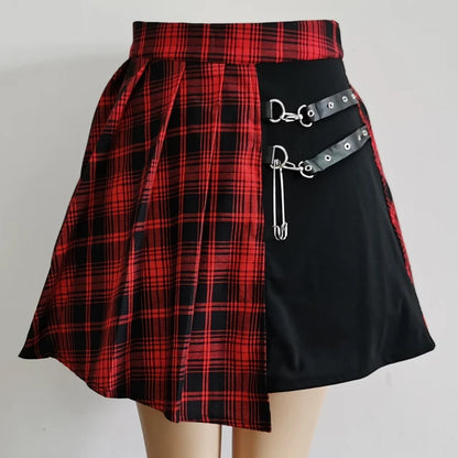 Punkgräfin Karierter Minirock Damen – Gothic Plaid Rock mit Riemen