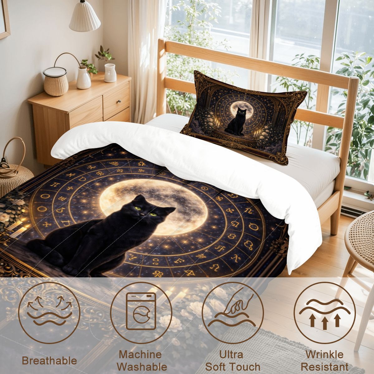 Gothic Bettwäsche schwarze Katze, Twin Comforter Set mit Mond und Symbolkreis