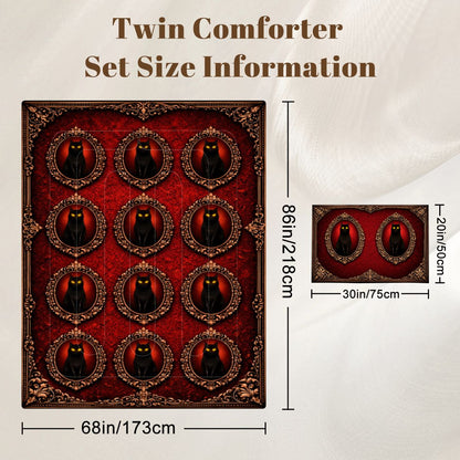Gothic Bettwäsche rot, schwarze Katze, Twin Comforter Set Dark Aesthetic, Gothicbro Bettdecke mit Kissenbezug