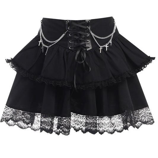 Gothicbro Layered Minirock - Gothic Rock Damen Schwarz mit Kettenkreuzen