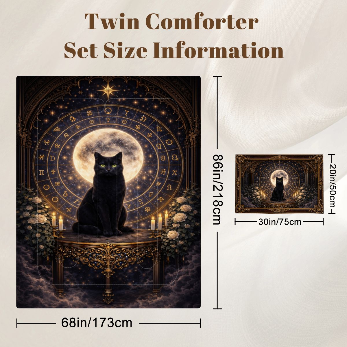 Gothic Bettwäsche schwarze Katze, Twin Comforter Set mit Mond und Symbolkreis