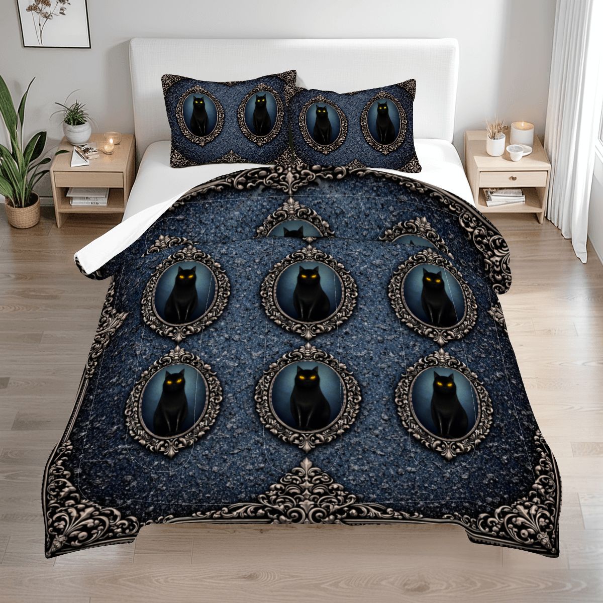 Gothic Queen Bettwäsche 3-teilig blau mit schwarzer Katze in viktorianischen Ornamentrahmen