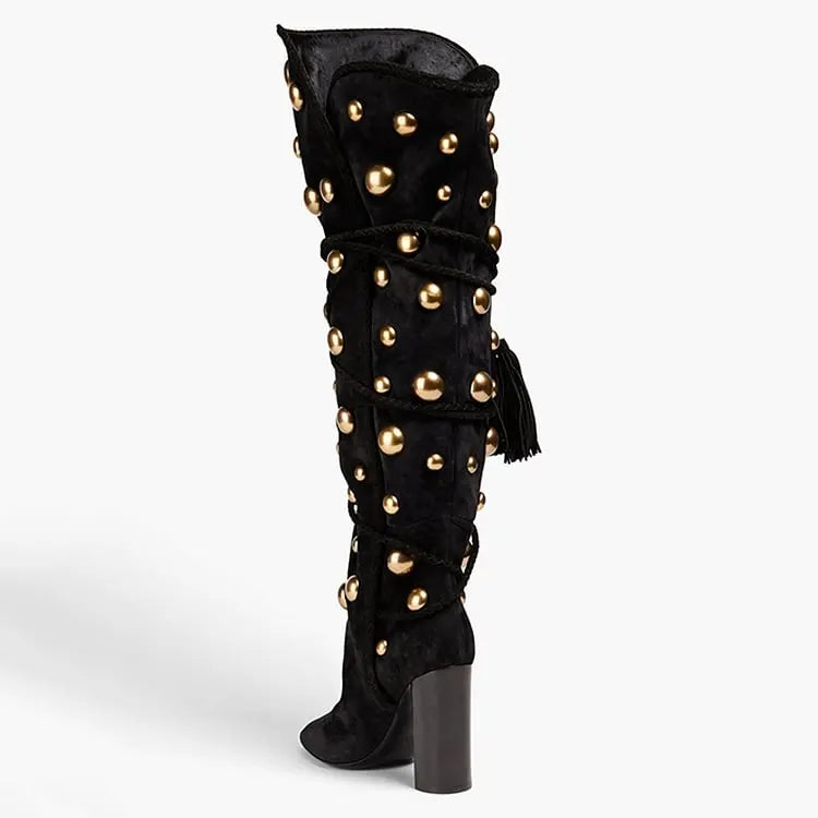 Punkgräfin Studded Knee Boots – Gothic Punk Overknee Stiefel mit Goldnieten & High Heel