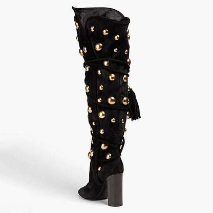 Punkgräfin Studded Knee Boots – Gothic Punk Overknee Stiefel mit Goldnieten & High Heel