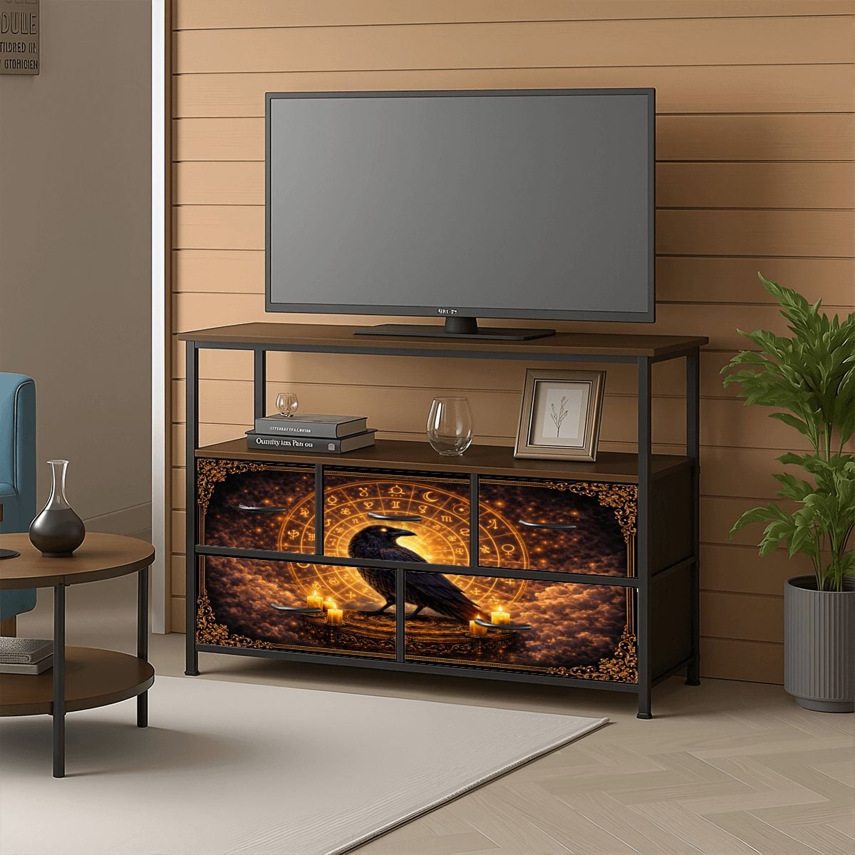 Gothic TV Sideboard im keltischen Wikinger Stil mit Raben & Runen - Kommode mit USB und Steckdosen
