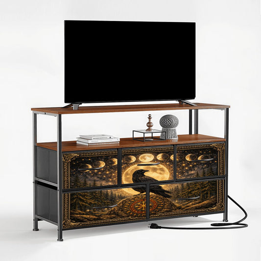 Gothic TV Sideboard Schrank mit Rabe auf Wikinger Runenstein - Keltisch Kommode mit Steckdosen und USB