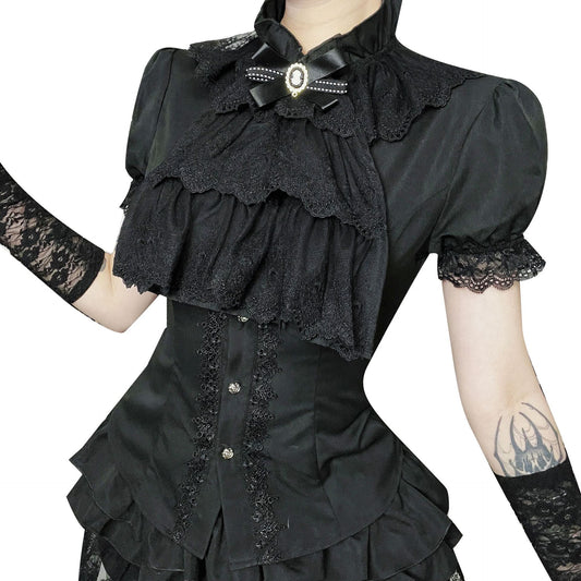 Gothicbro Dark Gothic Bluse Viktorianische Spitzenbluse Stehkragen und Rüschen