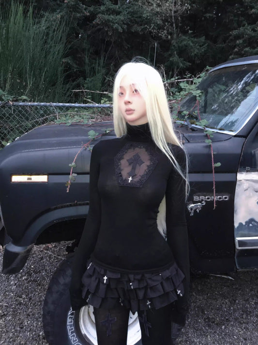 Gothicbro Gothic Kleid Schwarz mit Cross Cut-Out & Rüschenrock