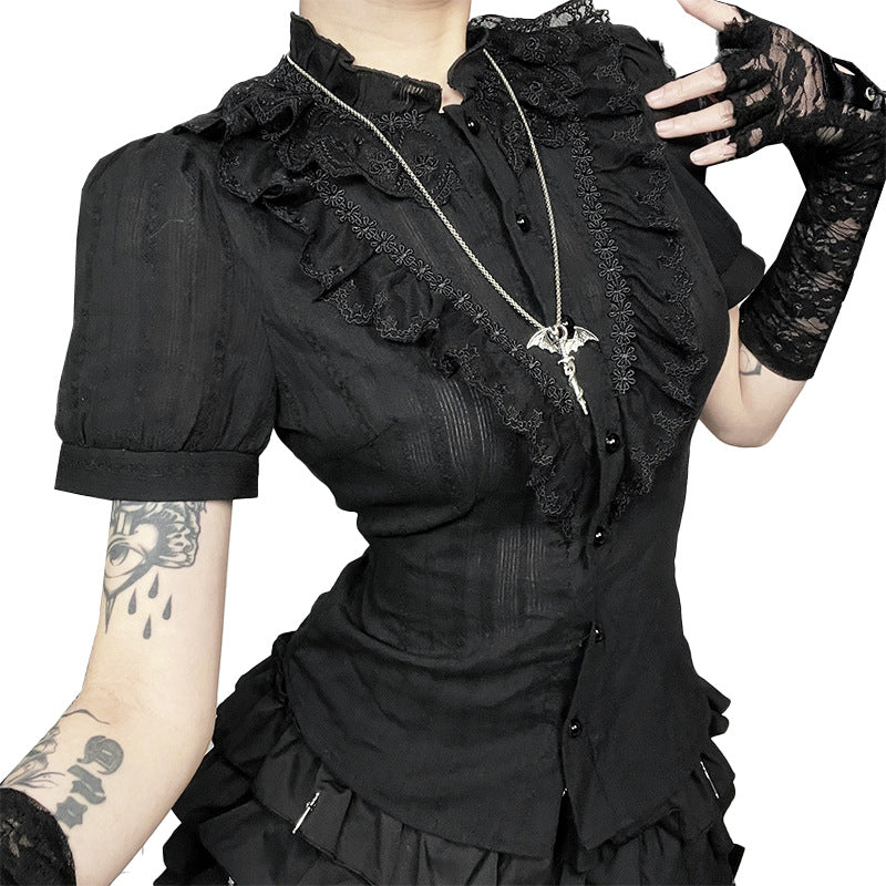 Gothicbro Dark-Romantic Top mit Stehkragen und Kurzarm Gothic Bluse