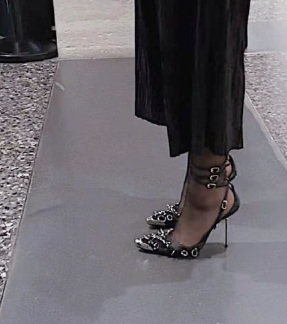 Punkgräfin Mesh Stiletto Sandalen – Punk High Heels mit Metallringen