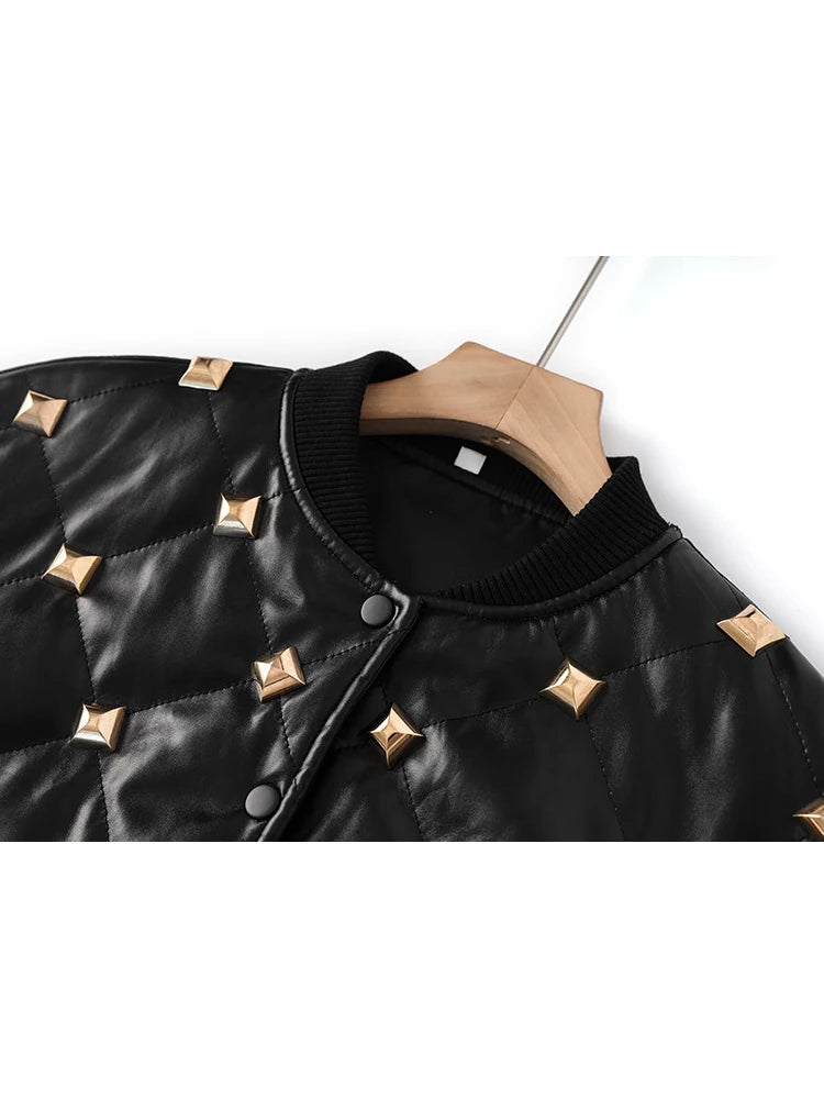 Muschibitch Nieten Leder Bomberjacke – Black Studded Faux Leather Jacket